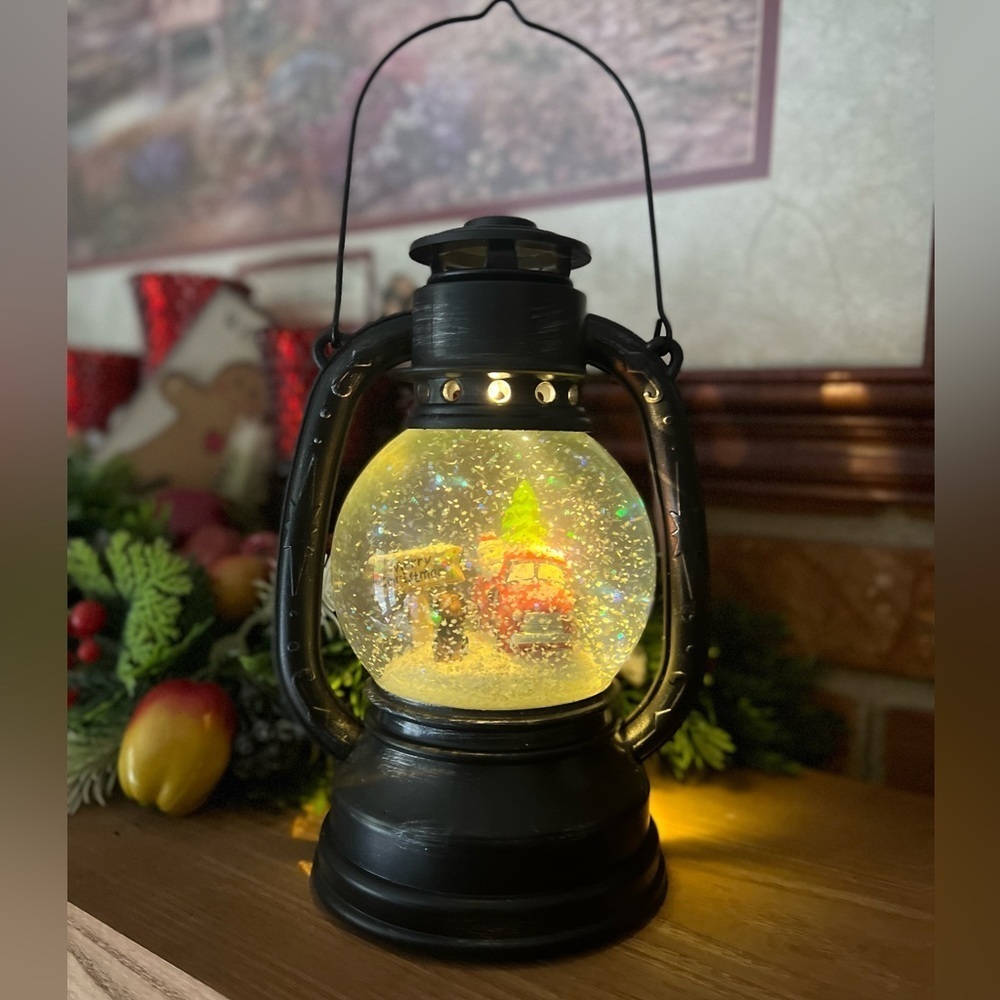 Vintage Merry Christmas Red Truck Snow Globe Lantern